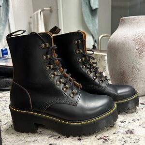Dr. Martens Black Leather Lace-Up Platform Combat Boots with Yellow Stitching